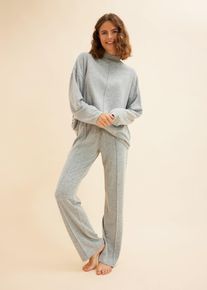 Hausanzug bonprix, Damen, Gr. 48/50 (XL), grau (grau meliert), Obermaterial: 83% Polyester, 13% Viskose, 4% Elasthan, loose fit, Homewear-Sets Hausanzug, kuscheliges Loungewear-Set, Loose Fit, mit Stehkragen, im Casual Stil