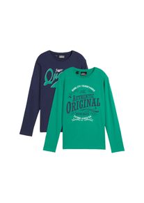 Langarmshirt bonprix, Jungen, Gr. 176/182, bunt (dunkelblau bedruckt, minzegr&uuml;n bedruckt), Obermaterial: 100% Baumwolle, Shirts Langarmshirt, f&uuml;r Kinder, Packung, aus Baumwolle, mit Rundhalsausschnitt