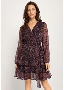 Druckkleid Lascana, Damen, Gr. 44, N-Gr, braun (animal print), Chiffon, Obermaterial: 100% Polyester. Futter: 100% Polyester, bedruckt, figurumspielend kniefrei, V-Ausschnitt, mit Gummizug, Kleider Druckkleid, mit fixiertem Bindeband, elegantes Sommerkleid mit Leomuster, Topseller