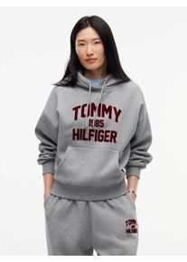 Kapuzensweatshirt Tommy Hilfiger "VARSITY FLOCK RLXD HOODIE", Damen, Gr. XS (34), grau (medium grau heather), Sweatware, Obermaterial: 63% Baumwolle, 37% Polyester, bedruckt, meliert, relaxed fit normal, Rundhals, Rippb&uuml;ndchen, Sweatshirts Kapuzensweatshirt, Baumwollmischung, relaxed fit