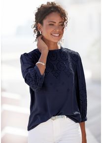 Schlupfbluse Lascana "mit Lochstickerei und dezenten R&uuml;schen", Damen, Gr. 42, blau (marine), Web, Obermaterial: 100% Viskose, unifarben, figurumspielend h&uuml;ftlang, hoch geschlossener Ausschnitt, 1-Knopf-Manschette, Blusen Schlupfbluse, 3/4-&auml;rmelige Damenbluse, verspielte R&uuml;schenbluse, Blusenshirt, Topseller