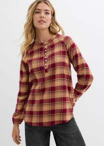 Tunika bonprix, Damen, Gr. 46, braun (pflaumenrot kariert), Obermaterial: 100% Baumwolle, A-Linie, Tuniken Tunika, Baumwollbluse, in h&uuml;ftbedeckender L&auml;nge, mit elastischem &Auml;rmelb&uuml;ndchen