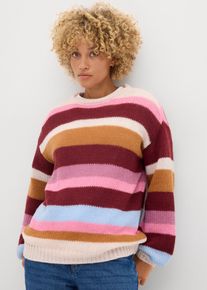 Strickpullover bonprix, Damen, Gr. 36/38 (S), bunt (naturbeige gestreift), Obermaterial: 100% Polyester, oversize, Pullover Strickpullover, h&uuml;ftbedeckende L&auml;nge, mit Rundhalsausschnitt, Oversize-Passform