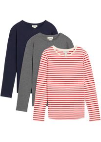 Langarmshirt bonprix, M&auml;dchen, Gr. 176/182, bunt (erdbeere, wollwei&szlig; gestreift, dunkelblau, grau meliert), Obermaterial: 100% Baumwolle, regular fit, Shirts Langarmshirt, Kinder, im praktischen 3er Pack, aus reiner Baumwolle, Regular Fit