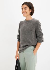 Strickpullover bonprix, Damen, Gr. 36/38 (S), grau (anthrazit meliert), Strick, Obermaterial: 61% Polyacryl, 25% Polyester, 11% Polyamid, 3% Elasthan, loose fit h&uuml;ftbedeckend, Rundhals, extrabreites B&uuml;ndchen, Pullover Strickpullover, mit Ballon&auml;rmeln, ohne Verschluss, Loose Fit, h&uuml;ftbedeckend, unifarben