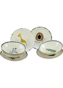 Teller-Set Creatable "Safari Bunt, Teller Set 8-tlg.", wei&szlig; (natur, bunt), 8, Steinzeug, Geschirr-Sets, Teller-Set, gezeichnete Tiermotive, skandinavischer Stil, Ethno-Style Motive
