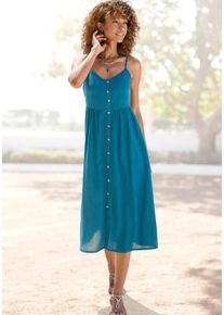 Sommerkleid Lascana "aus Leinenmix mit Baumwolle", Damen, Gr. 44, N-Gr, ohne &Auml;rmel, Web, petrol, Web, Obermaterial: 58% Viskose, 28% Baumwolle, 14% Leinen, unifarben, figurumspielend Midi, V-Ausschnitt, Kleider Sommerkleid, elegantes Midikleid, Strandkleid, Spaghettikleid, Leinenkleid