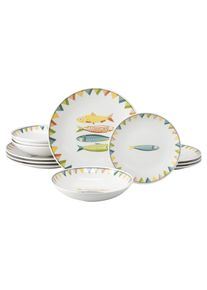 Teller-Set Creatable "Sardinhas, Geschirr-Set, 12-tlg.", bunt (pastell), 12, Steinzeug, Geschirr-Sets, Teller-Set, Hochwertiges Steinzeug, Zentrales Sardinen-Motiv