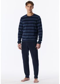 Pyjama Schiesser "Casual Nightwear", Herren, Gr. 58, blau (861, deep sea blau), Frottee, Obermaterial: 80% Baumwolle, 20% Polyester, Homewear-Sets Pyjama, mit zweifarbigen Ringeln, mit Bindeband am Bund