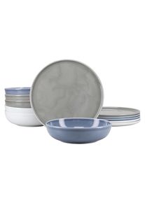 Tafelservice Creatable "Session, Service, Teller-Set, 12-tlg.", grau (grau, blau, wei&szlig;), 12, Porzellan, Geschirr-Sets, Tafelservice, Teller ohne Fahne mit gro&szlig;em Spiegel, Elegantes Rillenrelief