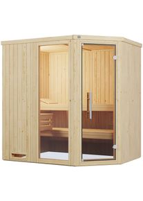 Sauna WEKA "Element-Ecksauna VARBERG 1", beige (natur), Bio-Ofen, externe Steuerung, 4,5 kW, Saunen, Sauna, vorgefertigte Elemente, Fensterelement, moderne Ganzglast&uuml;r