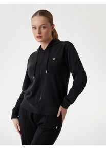 Sweatjacke Guess "OLYMPE FULL ZIP HOODIE", Damen, Gr. M (29), schwarz (jet schwarz a996), Sweatware, Obermaterial: 47% Polyester, 42% Modal, 11% Elasthan, unifarben, regular fit h&uuml;ftbedeckend, Rundhals, angesetztes B&uuml;ndchen, Sweatjacken Sweatjacke, mit Logo-Aufn&auml;her, Regular Fit