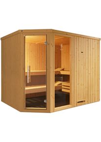 Sauna WEKA "Element-Ecksauna VARBERG 4", beige (natur), Saunaofen, externe Steuerung, 7,5 kW, Saunen, Sauna, vorgefertigte Elemente, Fensterelement, moderne Ganzglast&uuml;r