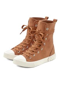 Stiefelette Lascana "High-Top Sneaker, Textil-Boot, Herbststiefelette, Schn&uuml;rschuh", Damen, Gr. 39, braun (camelfarben), Obermaterial: 100% Textilmaterial. Decksohle: 100% Textilmaterial. Futter: 100% Textilmaterial. Laufsohle: 100% Synthetik, unifarben, Basic, Schuhe Stiefelette, im Combat Look VEGAN