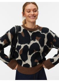 V&eacute;ro Moda Strickpullover VERO MODA "VMLEONIE LS O-NECK PULLOVER BOO", Damen, Gr. XL, braun (cocoa braun pattern:schwarz, birch, leo), Strick, Obermaterial: 70% Polyacryl, 27% Nylon, 3% Elasthan, gemustert, normal, Rundhals, Umschlagrippbund, Pullover Strickpullover, Materialmix