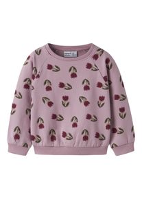 Sweatshirt name it "NMFOKLA LS NREG SWEAT BRU BOX", M&auml;dchen, Gr. 110, rosa (lilas), Sweatware, Obermaterial: 95% Baumwolle, 5% Elasthan, bedruckt, regular fit normal, Rundhals, Rippb&uuml;ndchen, Sweatshirts Sweatshirt, Baumwollmischung, regular fit