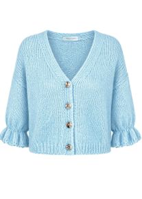 Strickjacke SASSYCLASSY "Strickjacke mit 3/4-&Auml;rmeln", Damen, Gr. LXL-40, blau (hellblau), Weitere Stoffart, Obermaterial: 70% Polyacryl PAN. 30% Polyamid PA., H&uuml;ftlang, V-Ausschnitt, Strickjacken Strickjacke, L&auml;ssiger Cardigan mit breiten Rippb&uuml;ndchen und goldfarbenen Kn&ouml;pfen