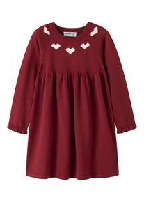 Strickkleid name it "NMFRISSE LS KNIT DRESS", M&auml;dchen, Gr. 128, N-Gr, rot (rot dahlia), Strick, Obermaterial: 100% Baumwolle, gemustert, regular fit Midi, Rundhals, R&uuml;schen, Kleider Strickkleid, Weihnachten, Baumwolle, normal geschnitten
