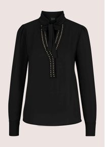 Madeleine Mode Langarmbluse MADELEINE "Bluse Schluppenbluse mit Nietenbesatz", Damen, Gr. 40, schwarz (schwarz, goldfarben), Modern, comfort fit, hoch geschlossener Ausschnitt, Blusen Langarmbluse