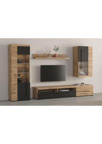 Wohnwand OTTO HOME "Roger,Breite 255 cm moderne Mediawand ohne Beleuchtung", braun (wotan eiche, schwarz), B:255cm H:160cm T:40cm, Holzwerkstoff, Kunststoff, Melamin, Metall, Kastenm&ouml;bel-Sets, Wohnwand, Anbuwand (Set,4-St) viel Stauraum, Glast&uuml;ren