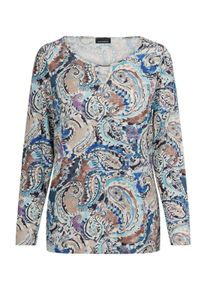 Print-Shirt GOLDNER "Paisleyshirt mit Schmuckdetail", Damen, Gr. 54, bunt (camel, hellblau, gemustert), Modern, sehr figurbetont, Rundhals, Gerade, Shirts Print-Shirt, Zierteil am Ausschnitt