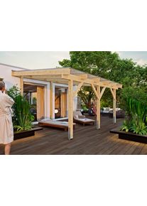 Terrassendach Konifera "Fulu", beige (unbehandelt), B:510cm T:400cm, Fichtenholz, Leimholz, Polycarbonat (PC), Terrassen&uuml;berdachungen, Terrassendach, Bausatz aus naturbel. Leimholz mit lichtdurchl. Polycarbonat-Pultdach