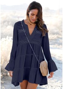 Longbluse Lascana "in weiter Form mit Spitzeneins&auml;tzen", Damen, Gr. 32/34, blau (marine), Web, Obermaterial: 100% Viskose. Spitze: 100% Baumwolle, figurumspielend kurz, V-Ausschnitt, Volant, Blusen Longbluse, Tunika in A-Form, lockeres Blusenkleid, elegantes Strandkleid