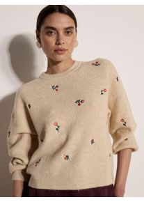 Strickpullover Apricot "Weicher Pullover", Damen, Gr. 14, stone, Strick, , Modisch, normal normal, Rundhals, Gerippte B&uuml;ndchen, Pullover Strickpullover, mit Blumenstickerei