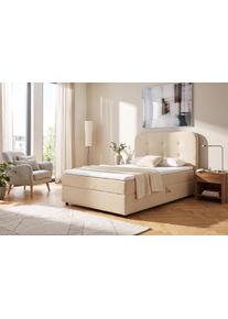Boxbett Home Affaire "AMRUM, Polsterbett mit Bettkasten, inkl. Taschenfederkernmatratze H3", beige, B:131cm L:210cm, Komplettbetten, Boxbett, mit Kaltschaumtopper, Chenille-Bezug, 120x200 & 180x200 cm