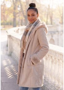 Lederimitatmantel Buffalo "aus weichem Velourlederimitat mit flauschiger Innenseite", Damen, Gr. 36, beige, Velours, Obermaterial: 100% Polyester. Futter: 100% Polyester, unifarben, gerade kniefrei, ohne Ausschnitt, M&auml;ntel Lederimitatmantel, &Uuml;bergangsmantel, Kurzmantel mit Kapuze, weiches Fellimitat innen, Topseller