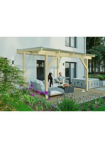 Terrassendach Konifera "Capella", beige (unbehandelt), B:409,2cm T:350cm, Fichtenholz, Leimholz, Polycarbonat (PC), Terrassen&uuml;berdachungen, Terrassendach, Bausatz aus naturbel. Leimholz mit lichtdurchl. Polycarbonat-Pultdach