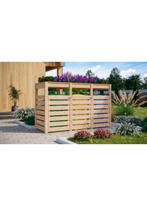 M&uuml;lltonnenbox KARIBU "M&uuml;lltonnenunterstand 3 mit Hochbeet", beige (naturbelassen), B:238cm H:143cm T:87,6cm, Holzwerkstoff, Aufbewahrungsboxen, M&uuml;lltonnenbox, naturbelassen oder anthrazit