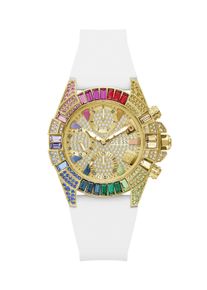 Multifunktionsuhr Guess "TRUE", bunt (wei&szlig;, goldfarben), Armbanduhren, Damen, Multifunktionsuhr, Quarzuhr, Armbanduhr, Damenuhr, Silikonarmband, analog, Wochentag, Tag