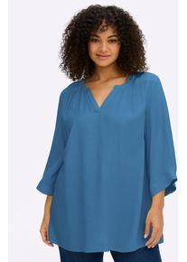 Longbluse sheego, Damen, Gr. 52, blau (topas), 100% Viskose, unifarben, V-Ausschnitt, Blusen Longbluse