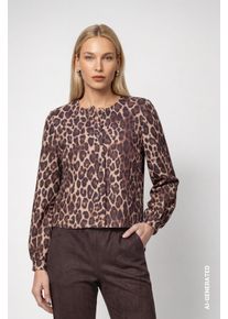 Blusenjacke monari "Jacke Leo allover", Damen, Gr. 34, braun (braun gem), Web, Obermaterial: 80% Polyester, 17% Viskose, 3% Elasthan, regular fit taillenlang, Rundhals, eingesetzt angesetztes B&uuml;ndchen, Jacken Blusenjacke, Regular fit mit Leomuster