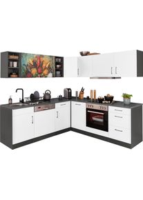 K&uuml;chenzeile KOCHSTATION "KS-Paris - K&uuml;chen mit einzigartigen Fotomotiven auf den Fronten", wei&szlig; (k&uuml;che: wei&szlig;, korpus: grafit, arbeitsplatte: anthrazit), B:220cm H:200cm T:60cm, Komplettk&uuml;chen-Sets, K&uuml;chenzeile, Stellbreite 220/220 cm, wahlweise mit E-Ger&auml;ten, mit Motivdruck