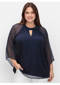 Longbluse sheego, Damen, Gr. 48, blau (marine), 100% Polyester, unifarben, Rundhals, Blusen Longbluse