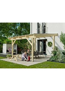 Terrassendach Konifera "Capella", beige (unbehandelt), B:409,2cm T:450cm, Fichtenholz, Leimholz, Polycarbonat (PC), Terrassen&uuml;berdachungen, Terrassendach, Bausatz aus naturbel. Leimholz mit lichtdurchl. Polycarbonat-Pultdach