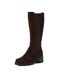Stiefel Tamaris, Damen, Gr. 39, Textil, Normalschaft, beige (mokka), Veloursleder, unifarben, Schuhe Stiefel, Blockabsatz, Langschaftstiefel, Businessstiefel mit T-Logopr&auml;gung