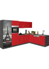 K&uuml;chenzeile KOCHSTATION "KS-Paris - K&uuml;chen mit einzigartigen Fotomotiven auf den Fronten", rot (k&uuml;che: rot, front: rot, korpus: grafit, arbeitsplatte: anthrazit), B:290cm H:200cm T:60cm, Komplettk&uuml;chen-Sets, K&uuml;chenzeile, Stellbreite 290/220 cm, wahlweise mit E-Ger&auml;ten und Induktion