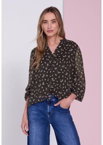 Langarmbluse Street One, Damen, Gr. 42, schwarz (schwarz coffee), Web, Obermaterial: 100% Polyester. Futter: 100% Modal, kariert, l&auml;ssig geschnitten h&uuml;ftbedeckend, V-Ausschnitt, elastischer Bund, Blusen Langarmbluse, Tunika-Chiffon-Bluse mit Split Neck im Karo-Look / R&uuml;schendetails