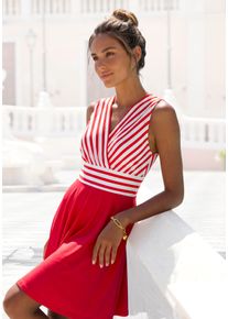 Sommerkleid Lascana "mit Streifenprint, b&uuml;gelfreie Qualit&auml;t, maritim", Damen, Gr. 42, N-Gr, Single Jersey, wei&szlig; (wei&szlig;, rot gestreift), Single Jersey, Obermaterial: 95% Polyester, 5% Elasthan, gestreift, unifarben, figurumspielend kniefrei, tiefer V-Ausschnitt, Kleider Sommerkleid, tailliertes Minikleid, Streifenkleid, elegantes Strandkleid, casual