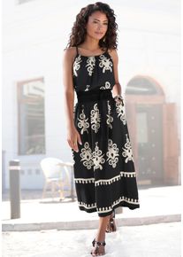 Midikleid Lascana "aus gewebter Viskose mit Ethnodruck", Damen, Gr. 34, N-Gr, ohne &Auml;rmel, Web, schwarz (schwarz, sand bedruckt), Web, Obermaterial: 100% Viskose, bedruckt, figurumspielend ca. Mitte Wade, Rundhals, Kleider Midikleid, lockeres Sommerkleid, Strandkleid, Druckkleid, Spaghettikleid