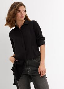 Longbluse bonprix "Longbluse mit Schlitz aus flie&szlig;ender Viskose", Damen, Gr. 50, schwarz, Web, Obermaterial: 100% Viskose, unifarben, gerade ca. Mitte Oberschenkel, 1-Knopf-Manschette, Blusen Longbluse, gerade Passform, mit hohen Seitenschlitzen, aus flie&szlig;ender Viskose, Topseller