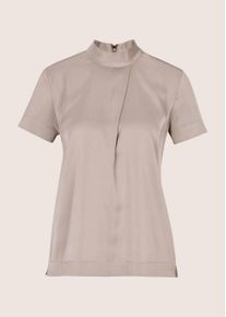Madeleine Mode Langarmbluse MADELEINE "Bluse Satinbluse mit Stehkragen", Damen, Gr. 48, dunkeltaupe, Modern, gerade, hoch geschlossener Ausschnitt, Blusen Langarmbluse