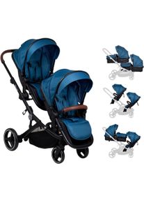 Zwillings-Kombikinderwagen BABYGO "Twinner Set, Grey melange", Baby, blau (blau melange), Aluminium, Polyester, Kinderwagen Zwillings-Kombikinderwagen, inkl. 2 Regenhauben, Wickeltasche