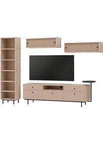 Wohnwand HOME AFFAIRE "Arrocco: 4-teilige Wohnwang, Wohnzimmer, viel Stautraum,5 Schubladen", beige (macchiato), B:220cm H:175cm T:42cm, Kastenm&ouml;bel-Sets, Wohnwand, Design-Set mit schwarzen Akzenten, Riffelglas & Kabeldurchf&uuml;hrung