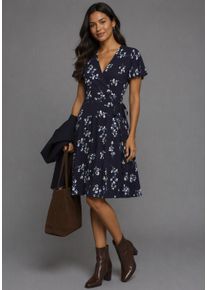 Sommerkleid Laura Scott, Damen, Gr. 48, N-Gr, Kurzarm, Single Jersey, blau (marine, gebl&uuml;mt), Single Jersey, Obermaterial: 95% Viskose, 5% Elasthan, gebl&uuml;mt, figurumspielend kurz, tiefer V-Ausschnitt, Kleider Sommerkleid, femininer Stil, f&uuml;r entspannte Tage,aus elastischer Shirtware,Kurzarm