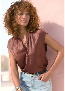 Satinbluse Lascana "mit kurzen &Auml;rmeln und kleiner Knopfleiste", Damen, Gr. 34, braun, Satin, Obermaterial: 100% Polyester, unifarben, figurumspielend h&uuml;ftlang, V-Ausschnitt, Blusen Satinbluse, Kurzarmbluse mit lockerer Passform, Partyshirt, Blusenshirt, festlich