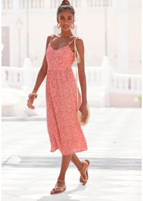Sommerkleid Lascana "aus Leinenmix mit Baumwolle und P&uuml;nktchendruck", Damen, Gr. 36, N-Gr, ohne &Auml;rmel, Web, rot (rot, creme, bedruckt), Web, Obermaterial: 58% Viskose, 28% Baumwolle, 14% Leinen, bedruckt, figurumspielend ca. Mitte Wade, V-Ausschnitt, Kleider Sommerkleid, elegantes Midikleid, Strandkleid, Spaghettikleid, Leinenkleid